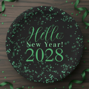 Prato De Papel Olá Ano Novo! Véspera de Ano Novo Verde Preto Bril