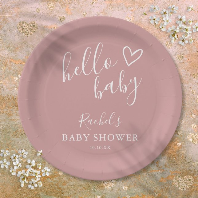Prato De Papel Olá, Baby Boho Dusty Rosa Chá de fraldas Girl (Hello Baby Boho Dusty Rose Girl Baby Shower Paper Plates)