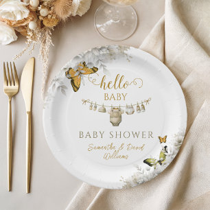 Prato De Papel Olá Bebê   Chá de Bebê Boho Borboleta Floral