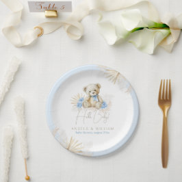 Prato De Papel Olá, Chá de fraldas do Bear Bear Boho Blue Boy