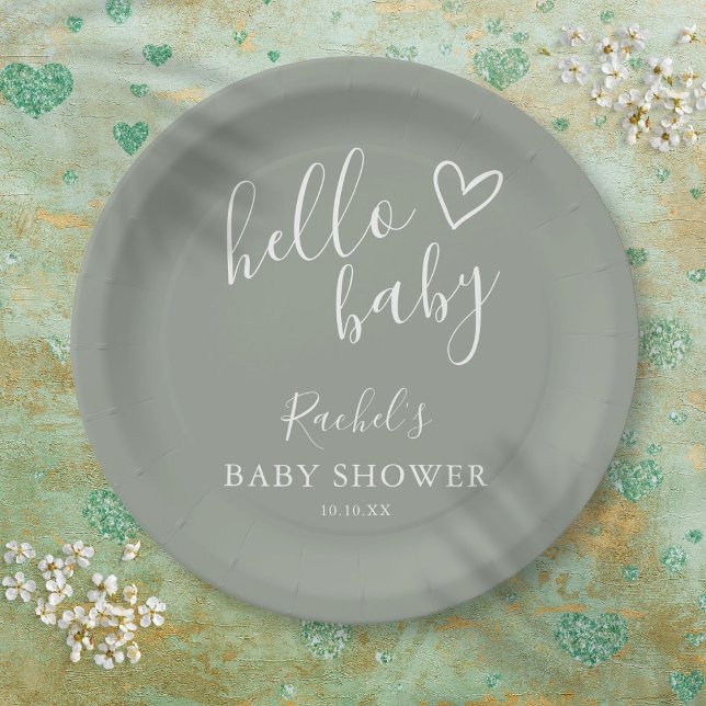 Prato De Papel Olá Chá de fraldas Sexo Neutro Boho Sage Green (Hello Baby Shower Gender Neutral Boho Sage Green Paper Plates)