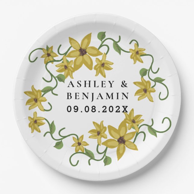Prato De Papel Óleo de Mão Botânica Amarelo de girassol (Frente)