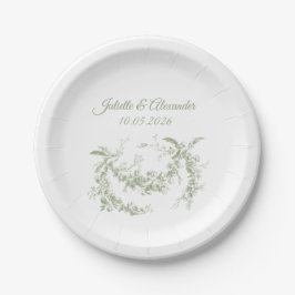 Prato De Papel Olive Green Toile de Jouy Wedding Paper Plates