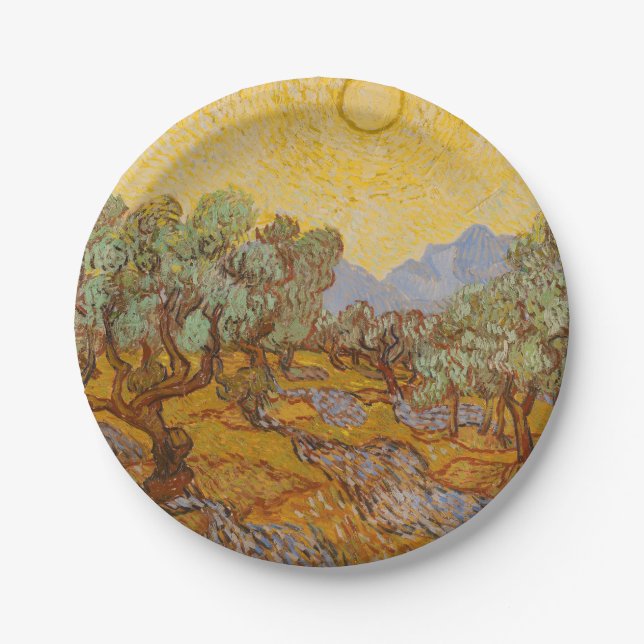 Prato De Papel Oliveiras de Van Gogh Sol Amarelo Céu (Frente)
