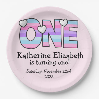 Prato De Papel Ombre Púrpura Rosa Stripes Corações Primeiro Anive