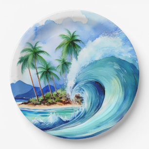 Prato De Papel Onda de Aquarela da Ilha Kai Aloha