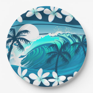 Prato De Papel Onda de surf tropical com palmeiras