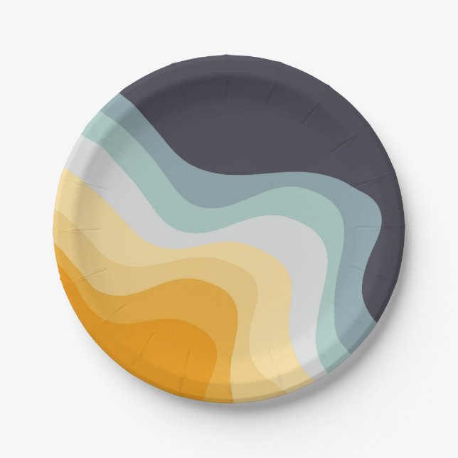 Prato De Papel Ondas de estilo retro azuis e amarelas (Frente)