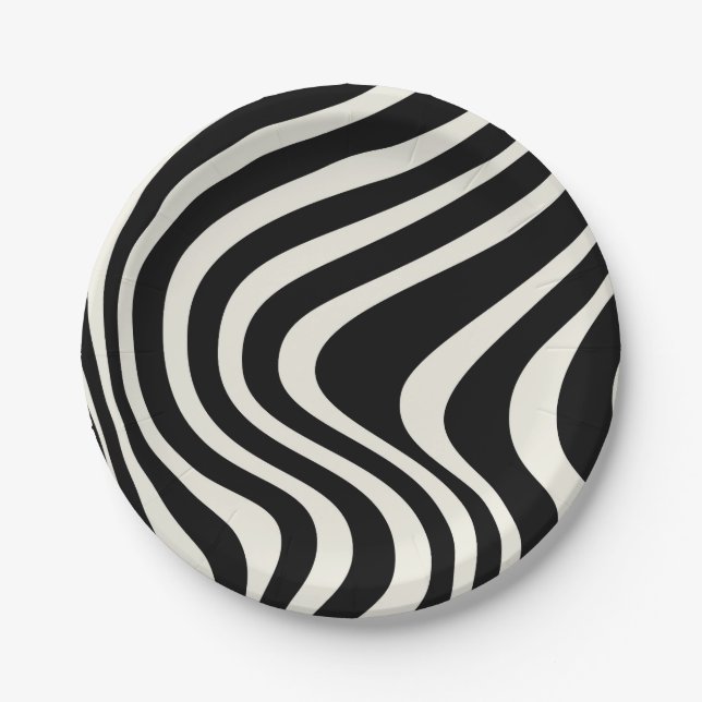 Prato De Papel Ondas de estilo retrô preto e branco (Frente)