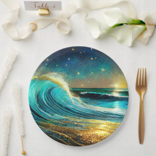 Prato De Papel Ondas Divergentes do Oceano Glittering
