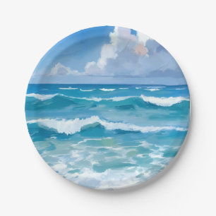 Prato De Papel Ondas do Oceano Aquarela Praia Casamento Costeiro