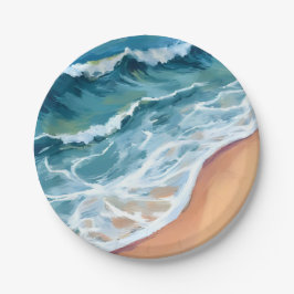 Prato De Papel Ondas do Oceano Azul Aquarela Costeira
