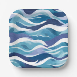 Prato De Papel Ondas do Oceano Azul | Aquarela Moderna Simplista