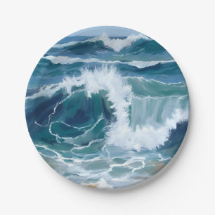 Prato De Papel Ondas do Oceano em Fúria   Aquarela Azul Costeira