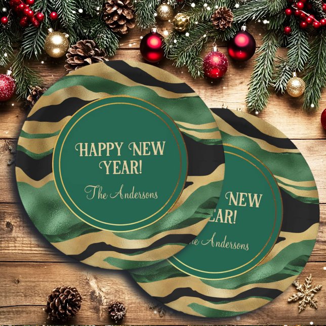 Prato De Papel Ondas Douradas brilhantes verdes a preto (Criador carregado)