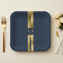 Prato De Papel Ondas Esculturais Casamento Azul Naval Dourado ID1