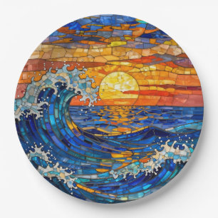 Prato De Papel Ondas Oceânicas da Costa ao Pôr do Sol  
