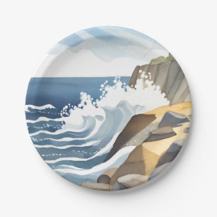 Prato De Papel Ondas Quebrando   Aquarela de Costa Rochosa