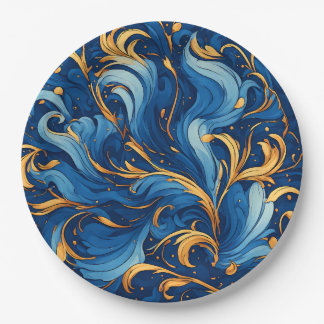 Prato De Papel Ondas Reais de Fantasia Redemoinhos de Azul e Dour