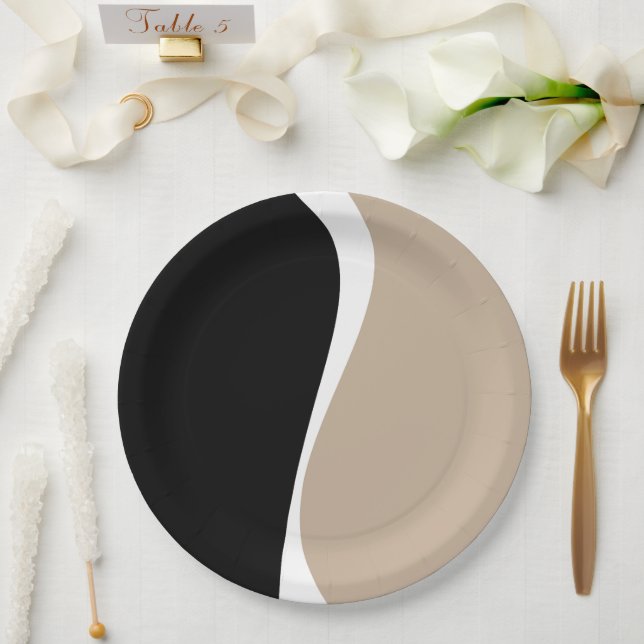 Prato De Papel Ondas Simples 2 - Taupe, Preto e Branco (Casamento)