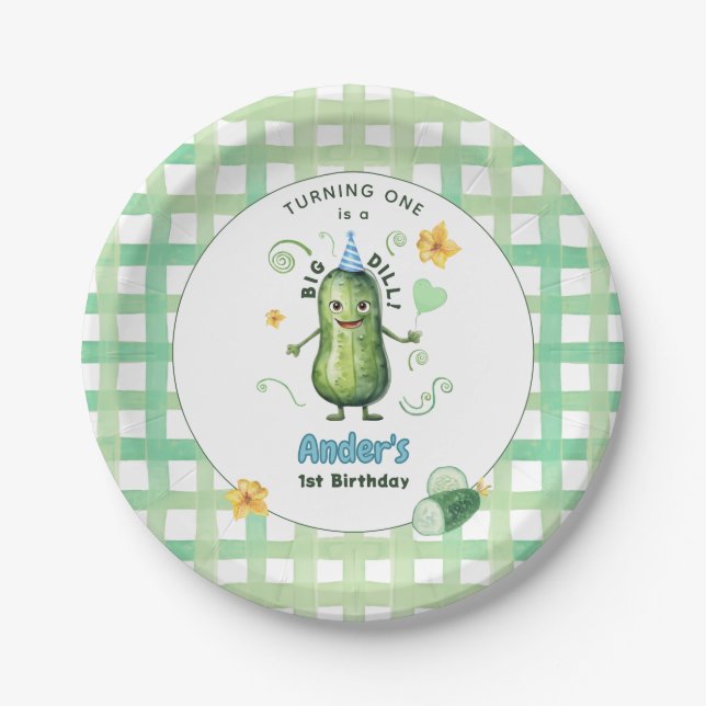 Prato De Papel One Big Dill Pickle First Birthday Blue (Frente)