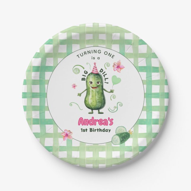 Prato De Papel One Big Dill Pickle First Birthday Pink (Frente)