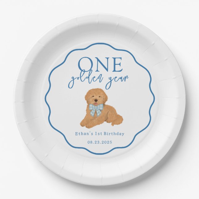 Prato De Papel One Golden Year Doodle Puppy First Birthday Party (Frente)