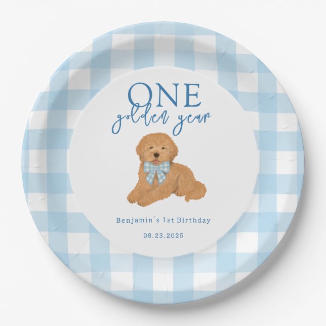 Prato De Papel One Golden Year Golden Doodle Boys Birthday (Frente)