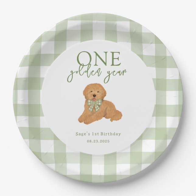 Prato De Papel One Golden Year Goldendoodle Birthday Party (Frente)