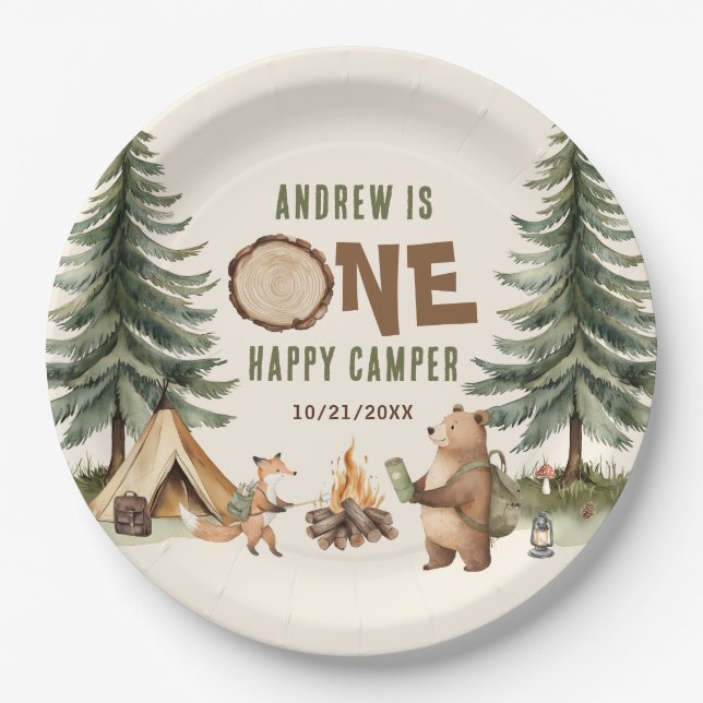 Prato De Papel One Happy Camper 1st Birthday Paper Plates (Frente)