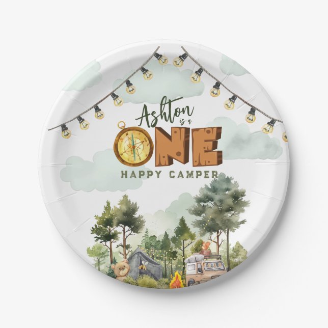 Prato De Papel One Happy Camper First Birthday  (Frente)