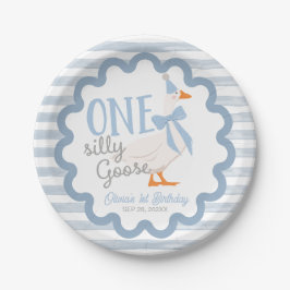 Prato De Papel One Silly Goose Blue Bow 1st Birthday