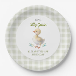 Prato De Papel One Silly Goose Green Gingham Baby First Birthday