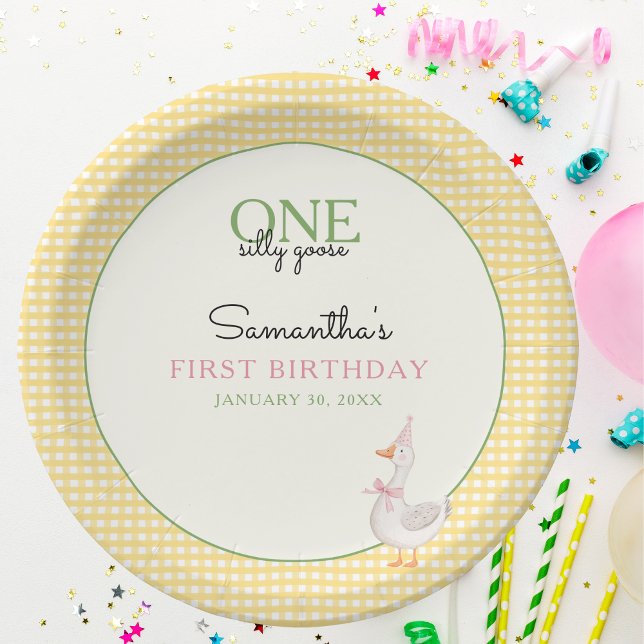 Prato De Papel One Silly Goose Pink and Gingham 1st Birthday (One Silly Goose Paper Plate)