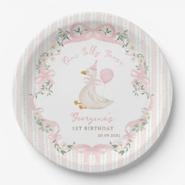 Prato De Papel One Silly Goose Pink Bow Floral 1st Birthday