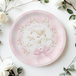 Prato De Papel One Silly Goose Pink Gingham 1st Birthday Bow