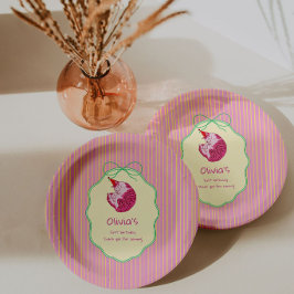 Prato De Papel One Sleepy Cat 1st Birthday – Yellow Stripes