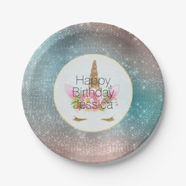 Prato De Papel Ontem Dourado Pink Floral Unicorn (Frente)