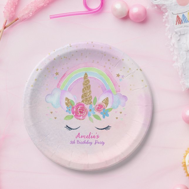 Prato De Papel Ontem Mágico - Arco-Íris Rosa-Arco-Íris (Whimsical Rainbow Unicorn Birthday Party Plates)