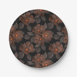 Prato De Papel Orange and brown flowers on a black background.