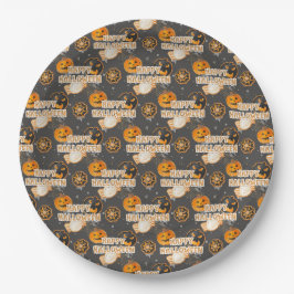 PRATO DE PAPEL ORANGE BLACK GRAY HAPPY HALLOWEEN PUMPKINS