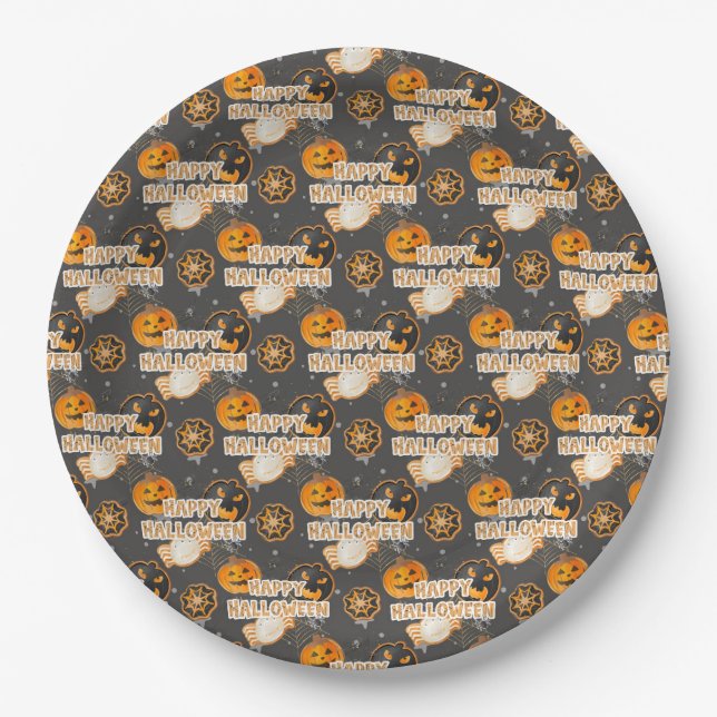 PRATO DE PAPEL ORANGE BLACK GRAY HAPPY HALLOWEEN PUMPKINS (Frente)