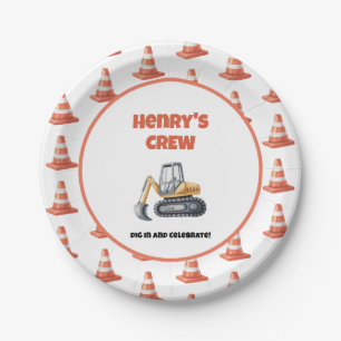 Prato De Papel Orange Cone Construction Digger Name Boy Birthday