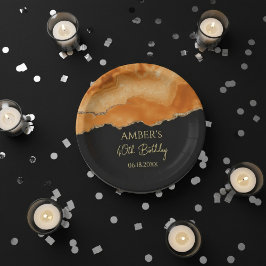 Prato De Papel Orange Gold Glitter Watercolor Marble