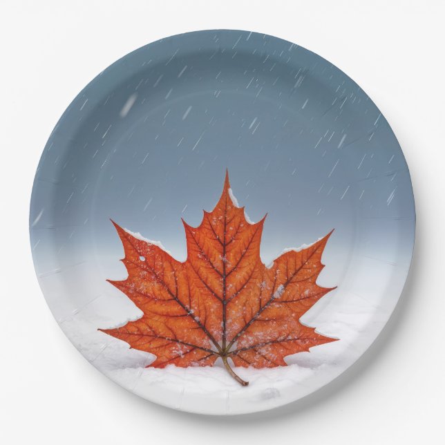 Prato De Papel Orange Maple Leaf On Fresh Snow  (Frente)