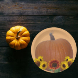 Prato De Papel Orange Pumpkin and Sunflowers Thanksgiving