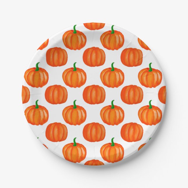 Prato De Papel Orange Pumpkins Patterno Halloween Ação de Graças (Frente)