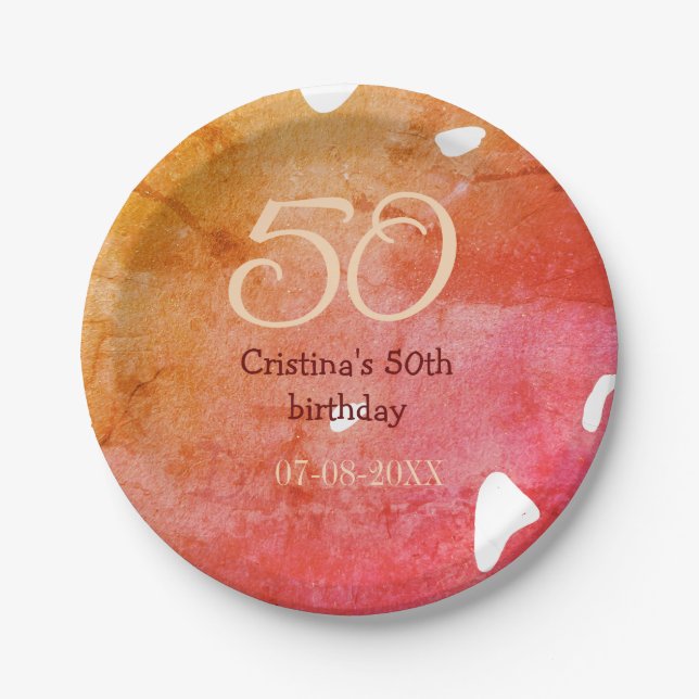 Prato De Papel Orange red 50 aniversário adicione nome data p (Frente)