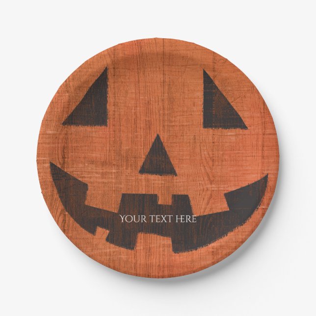 Prato De Papel Orange Wooden Pumpkin Rustic Halloween (Frente)