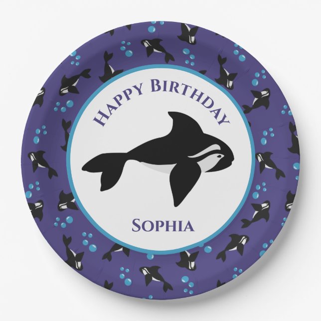 Prato De Papel Orca Whale com Bolhas Personalizadas Aniversário (Frente)